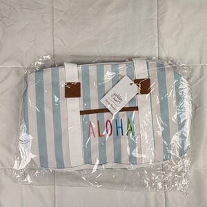Golden Sun Tote Bag Blue White Striped Aloha Embroidered Canvas NEW